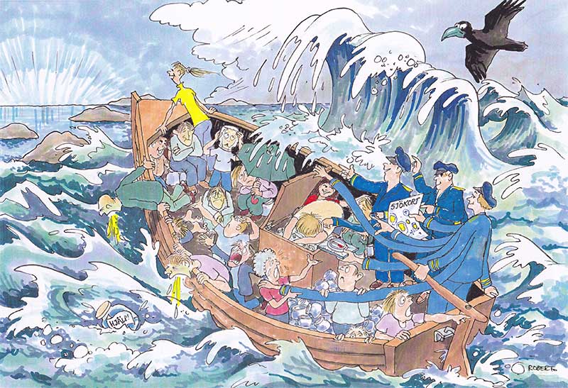 Illustration på en båt i storm, det är kaos på båten bland passagerarna och kaptenen har åtta armar som gör fler saker samtidigt.