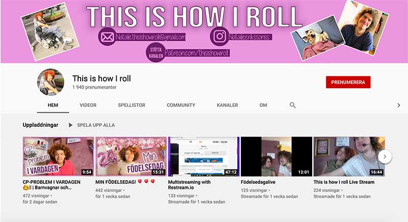 Bild på förstasidan för youtubekanalen ”This is how I roll” tagen den 26 November 2020.